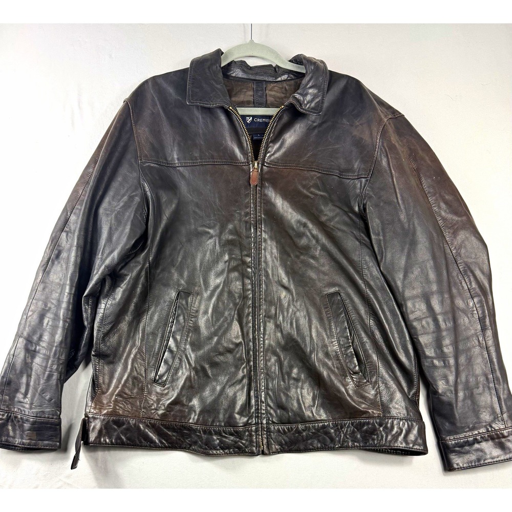 Cremieux black full zip lamb skin jacket w/lining pockets, point collar, men's L